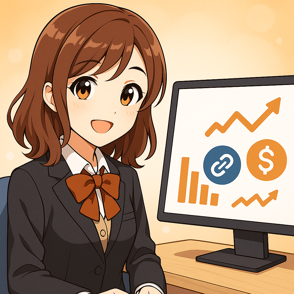 AIツールを使って副業収益をイメージする「まい」のキャラクター