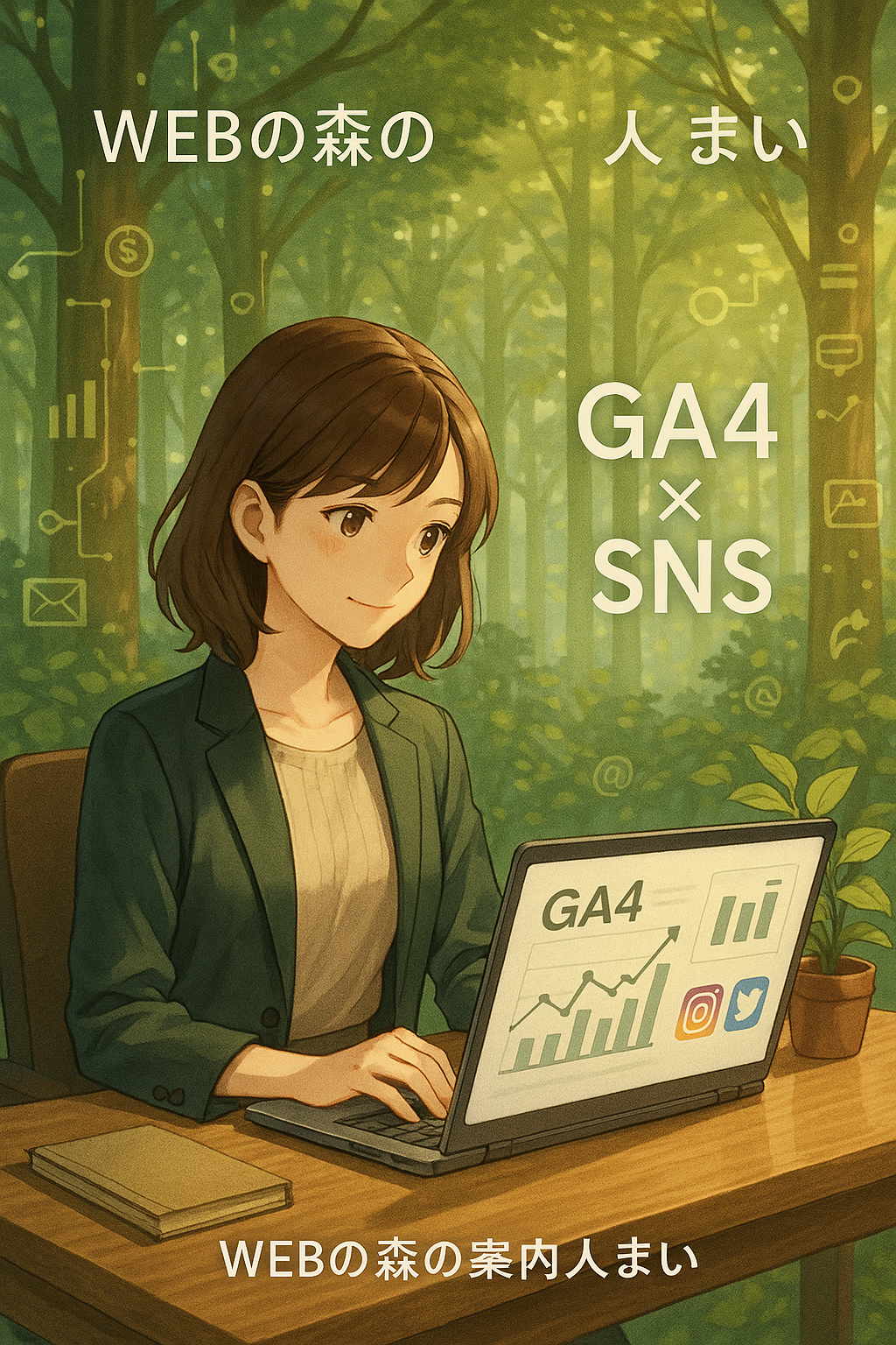ノートPCでSNSとGoogleアナリティクスを見ている女性（案内人まい）