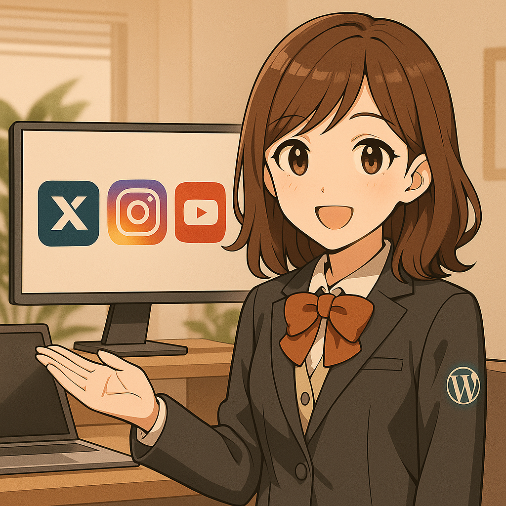 X・Instagram・YouTubeのロゴを背景にした女性ブロガー（まい）のイラスト
