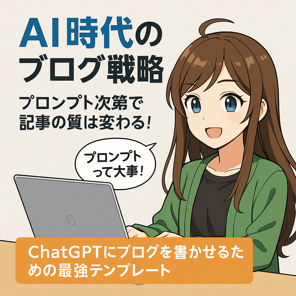 ノートパソコンを使ってブログ記事を書いている女性VTuber風キャラクターと「AI時代のブログ戦略」という日本語テキストが描かれたイラスト
