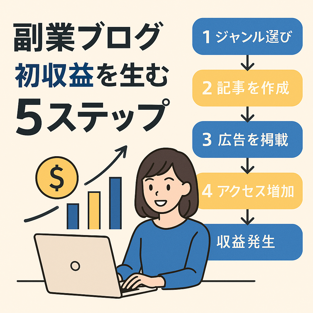 副業ブログで初収益を得る5ステップの図解