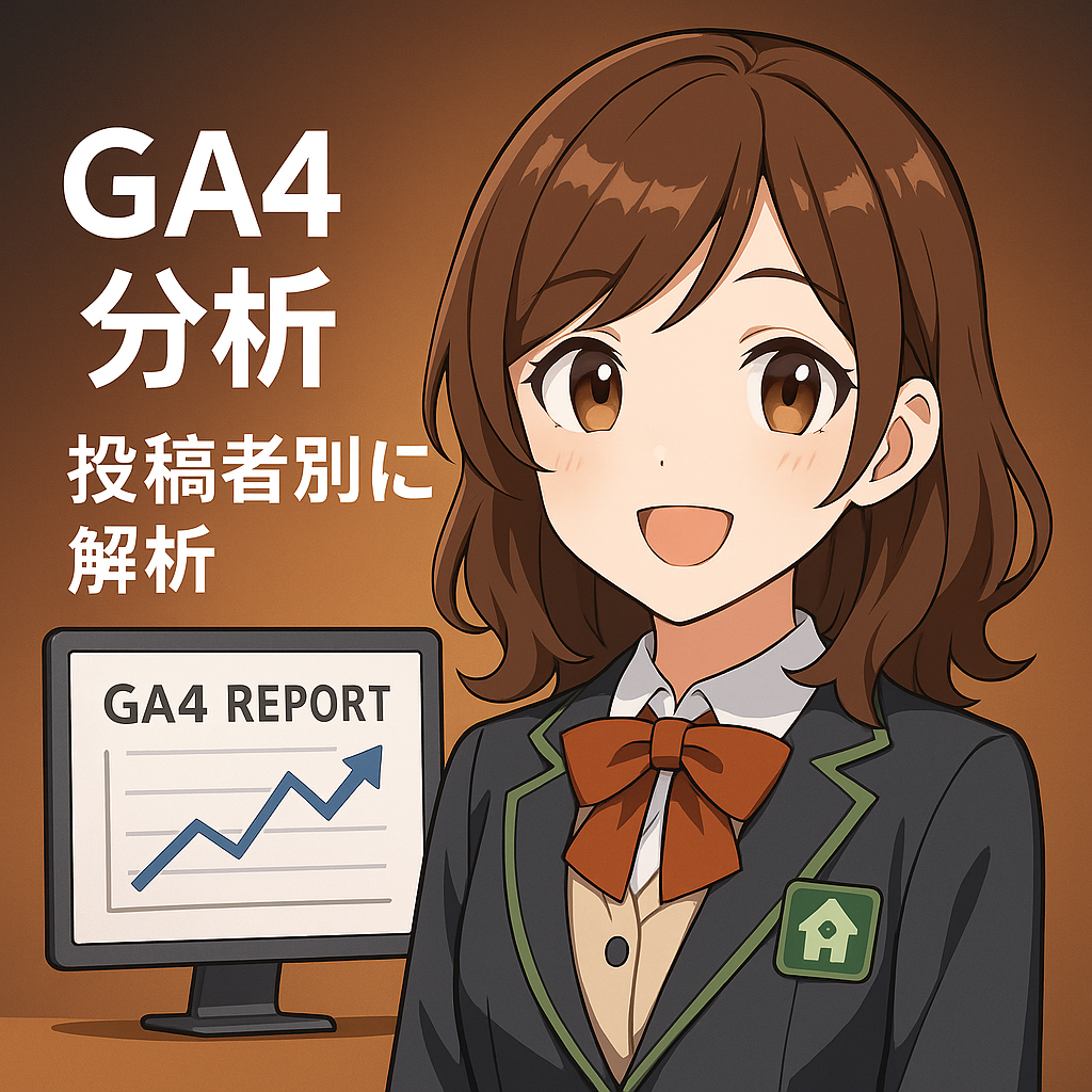 GA4で投稿者別の広告収益を分析するアニメ風キャラのイメージイラスト（案内人まい）