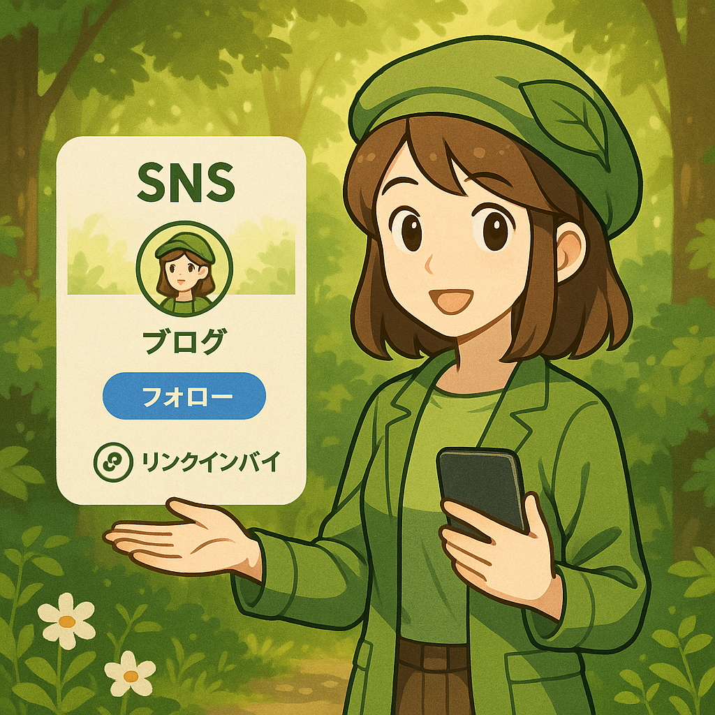 SNSプロフィールを案内するまいのイラストと導線設計イメージ