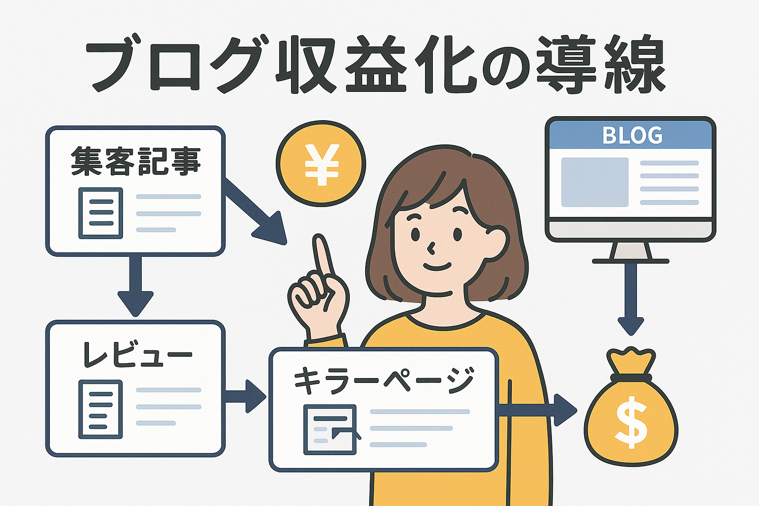 ブログ収益化の導線設計を図で説明しているイラスト