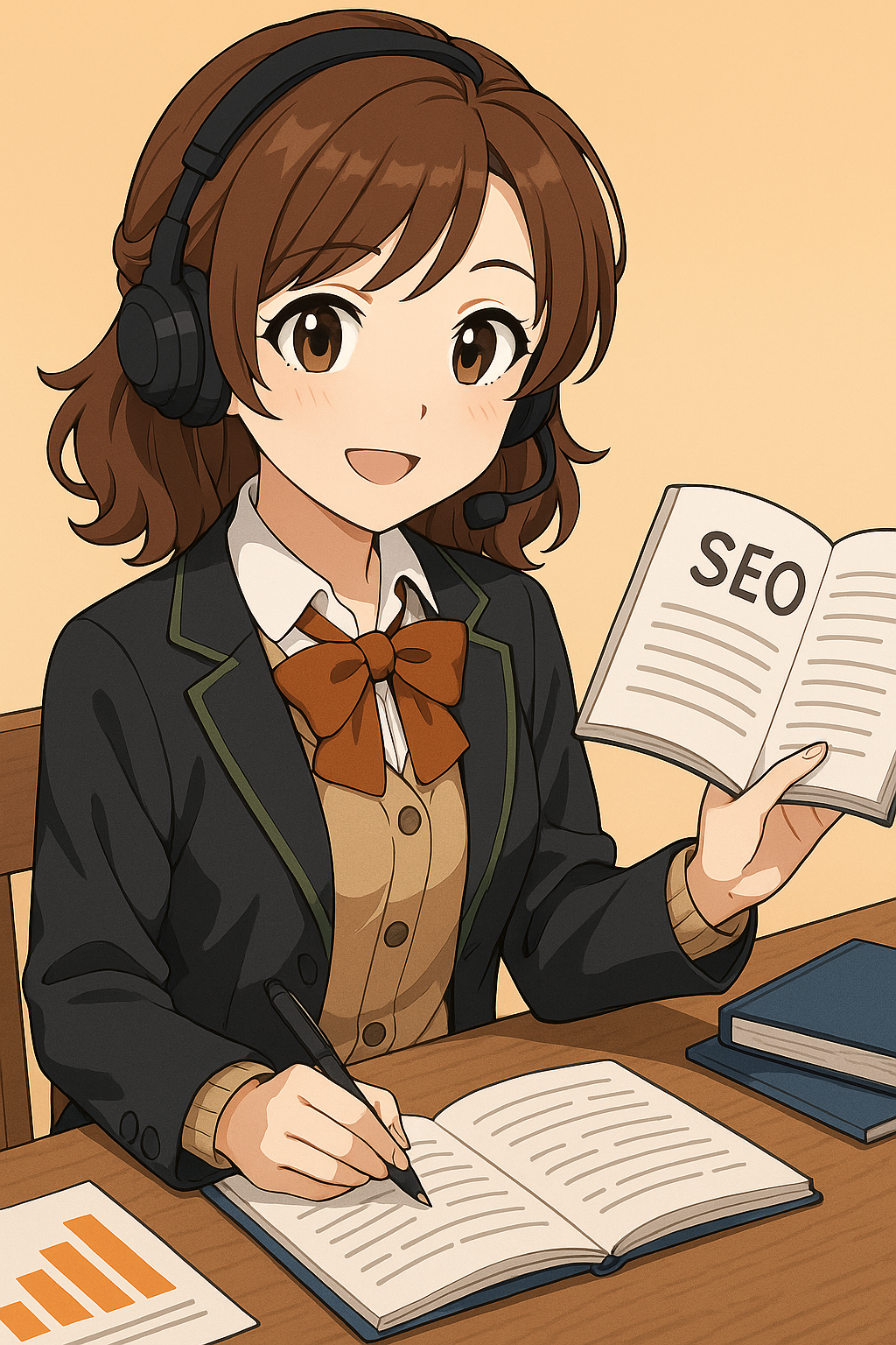 PC画面で検索順位解析を説明する「まい」のキャラクター