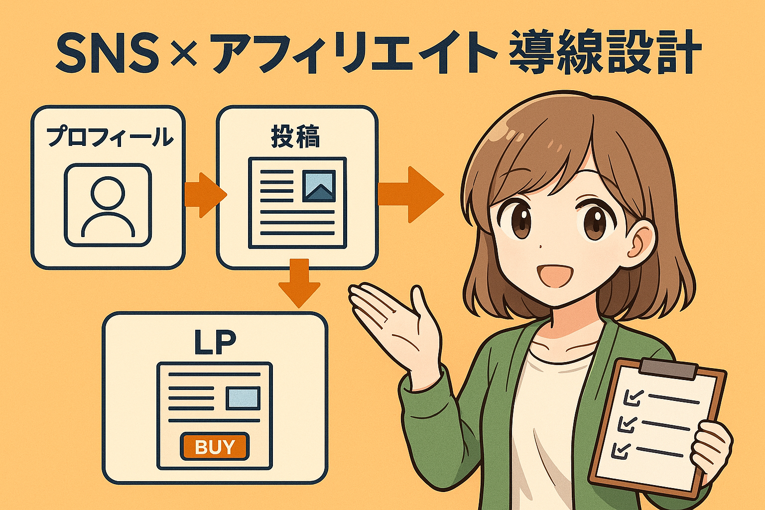 SNSアフィリエイト導線を説明する、案内人まいのイラスト
