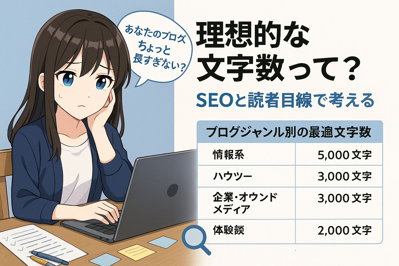 ブログ記事の最適な文字数を考える女性キャラ