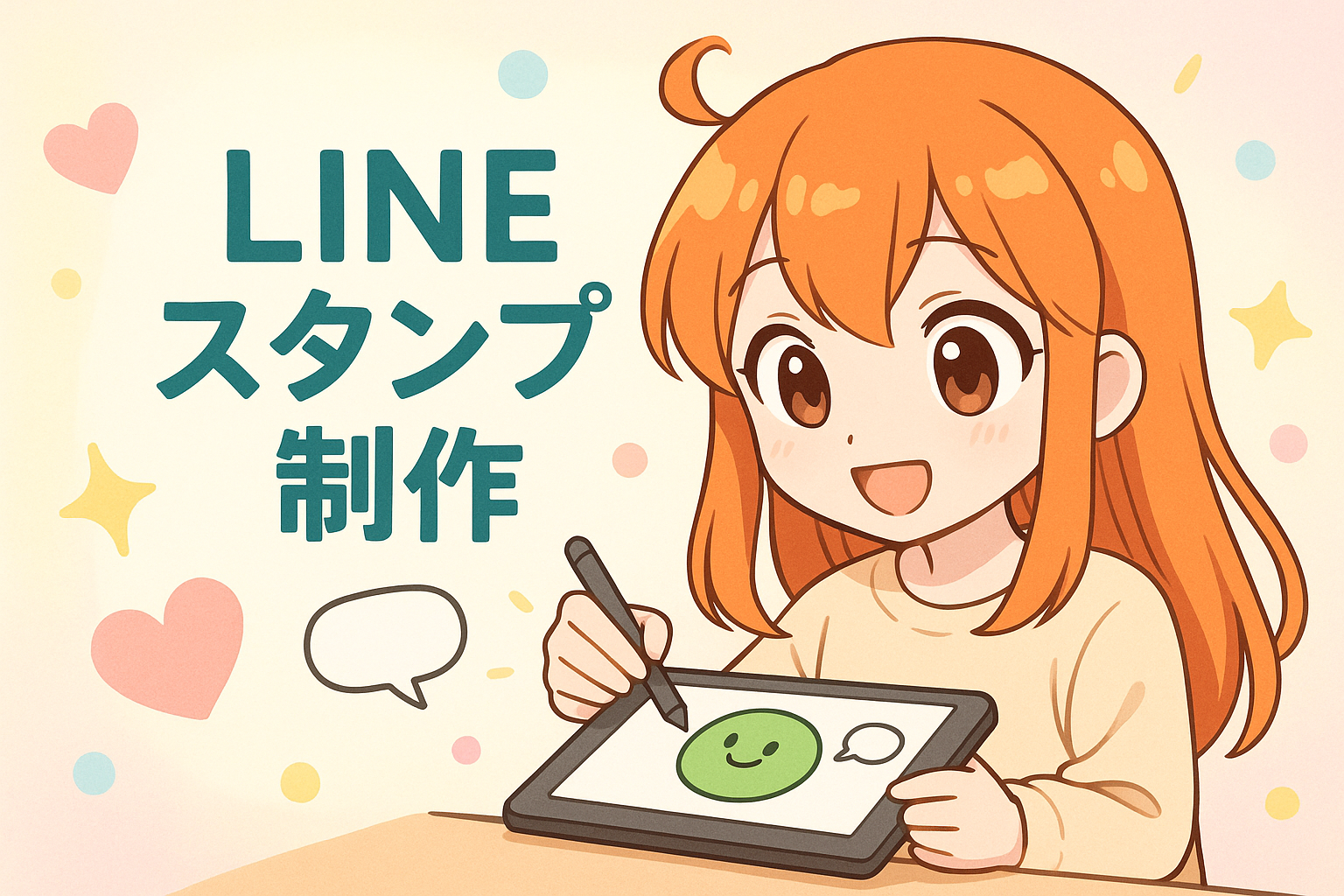 LINEスタンプ制作をイメージしたイラストとクリエイターの人物